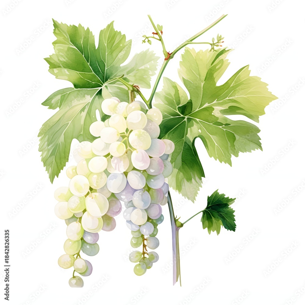 Obraz premium Elegant watercolor illustration of fresh white grapes with vibrant green leaves