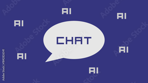 AI chat talking with AI concept vector image with scattered AI tags and a chat bubble with the text Chat in it on blue background
