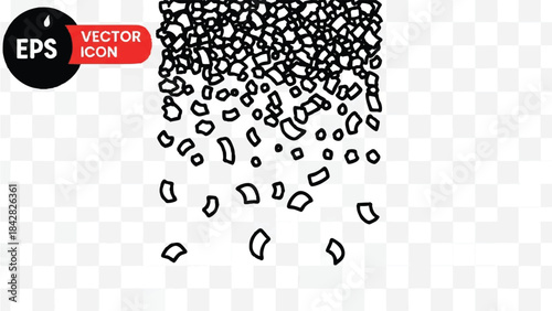 Black and white illustration of debris falling from top to bottom on a transparent background.