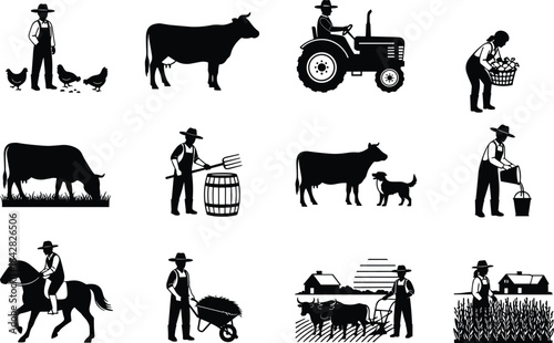 Farming silhouette collection, rural life, black and white, farmer, cow, tractor, horse, chickens, wheelbarrow, cornfield, agriculture scenes
