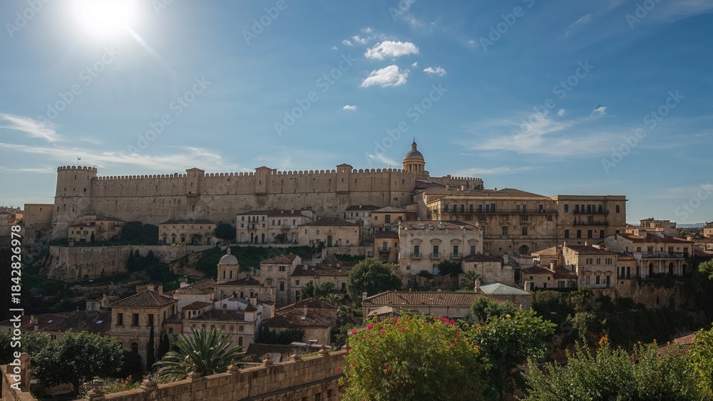 Obraz premium Ancient cityscape with historic buildings and fortress under a bright blue sky with clouds.