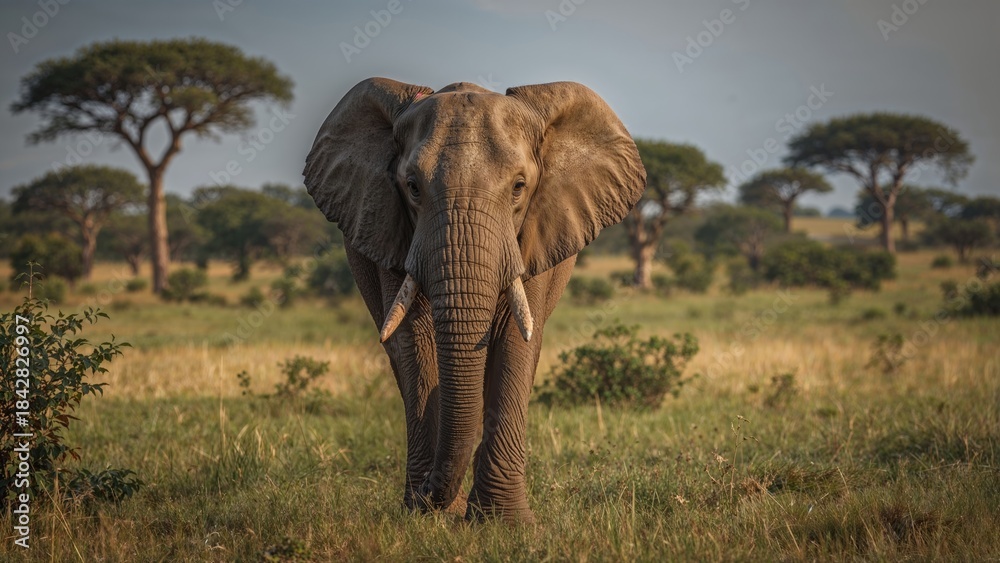 Obraz premium Elephant in the wild with trees and grassland, wildlife scene, safari, nature, and animals. The majestic animal in its natural habitat.