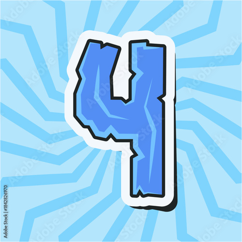 Blue frozen ice number 4 (four) sticker with frosty texture and shadow. Flat vector illustration.