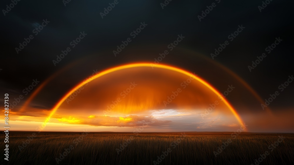 Obraz premium Majestic rainbow emerges after storm over serene landscape nature photography dramatic environment wide-angle view captivating concept