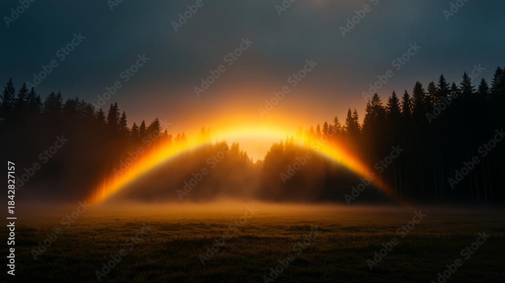Obraz premium Breathtaking rainbow appears over misty forest nature landscape at sunrise calm environment wide angle view vibrant colors for serenity