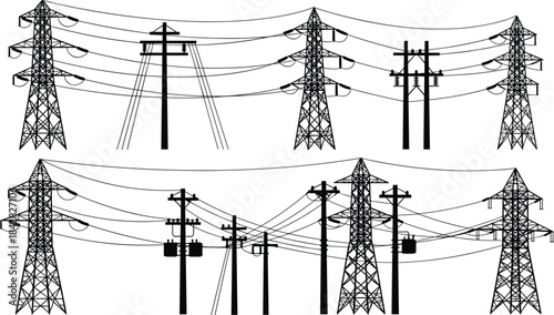 High-voltage transmission towers and utility poles, electrical power lines network, energy distribution infrastructure illustration, industrial electricity grid system engineering design