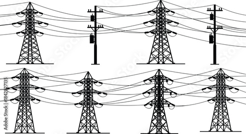 High-voltage transmission towers, power line infrastructure, electrical grid network, utility poles and wires, energy distribution system illustration, industrial electricity supply design