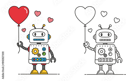 Cute robot holding red heart balloon vector illustration set with colorful and outline versions for coloring book pages, Valentine's Day design, and technology concepts for kids.