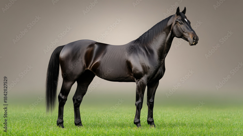 Obraz premium Majestic dark horse stands in tranquil field, glossy coat, calm expression, natural beauty