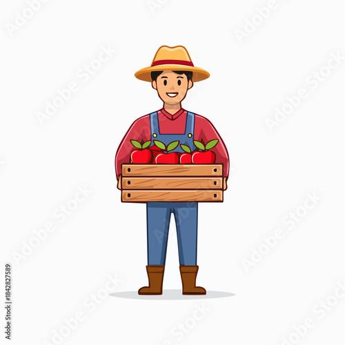 Farmer with Apple Harvest: An illustration of a cheerful farmer proudly holding a wooden crate brimming with freshly picked, vibrant red apples, epitomizing the bounty of the harvest.