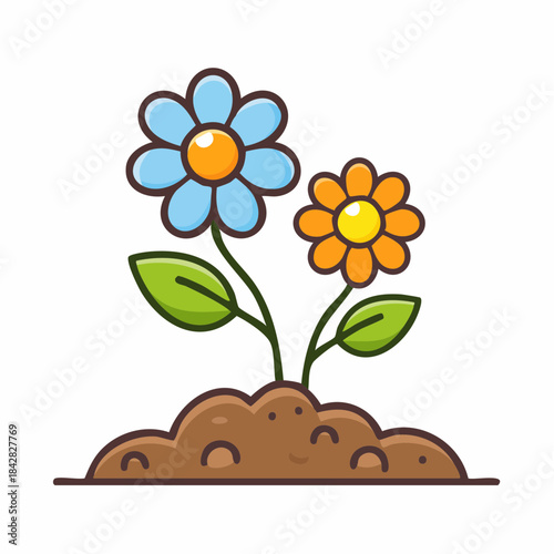 Blooming Delight: Two vibrant flowers stand in full bloom, their colorful petals reaching towards the sky, showcasing nature's artistry in a charming illustration.