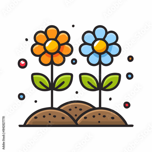 Blooming Flowers: Two vibrant flowers stand tall, their colorful petals reaching towards the sky, showcasing the beauty of nature and the artistry of graphic design. 