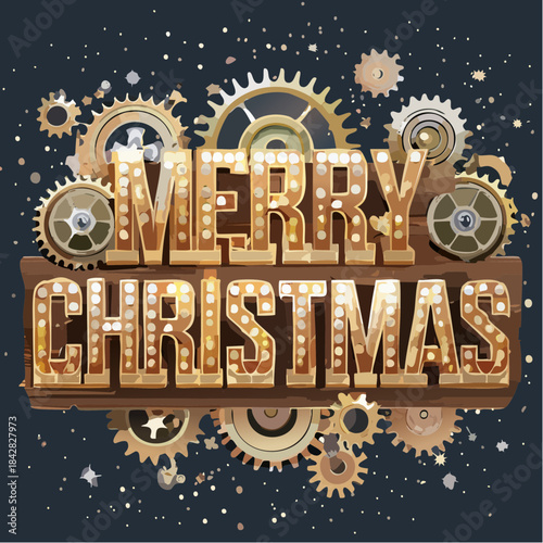 Steampunk merry christmas with marquee lights and gears