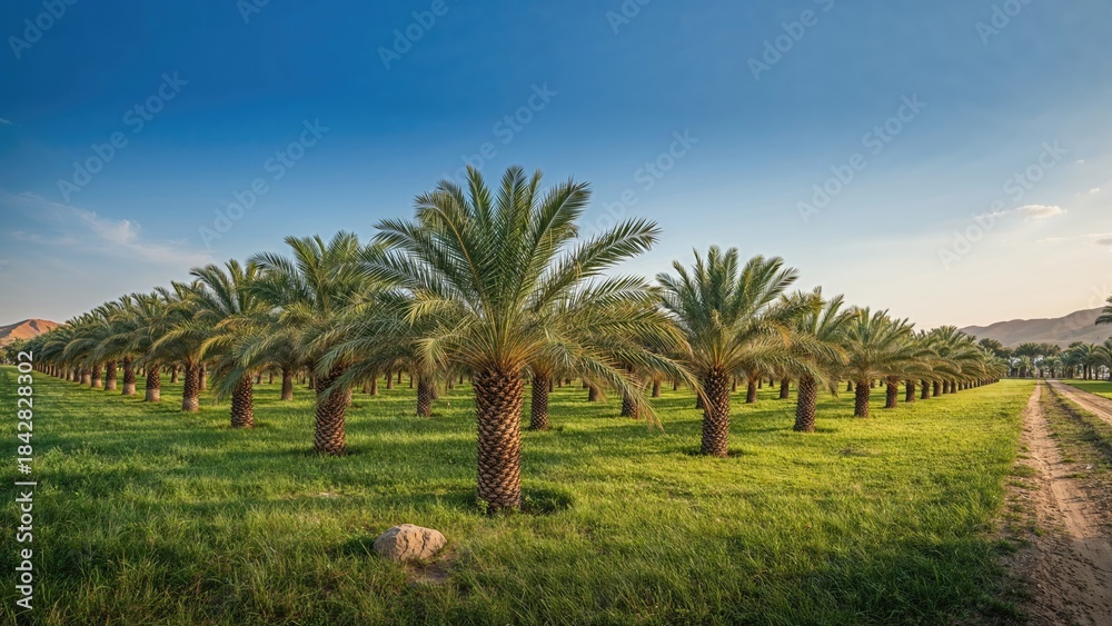Obraz premium Rows of palm trees in a lush green landscape under a clear blue sky.