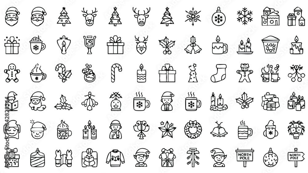 Obraz premium Black and white Christmas icons show festive holiday symbols and decorations arranged neatly.