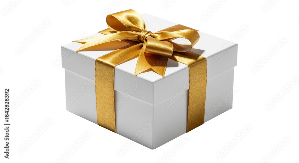 Obraz premium Clean white gift box with luxurious gold satin ribbon and bow for presents, isolated on transparent background.