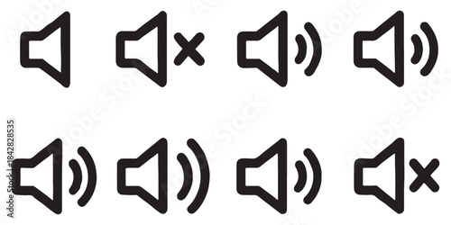 Volume Icon set. Loudspeaker Mute and unmute volume sound flat vector icons for video apps and websites. Speaker volume icon -audio voice sound symbol media music. Simple black line flat glyph vector.