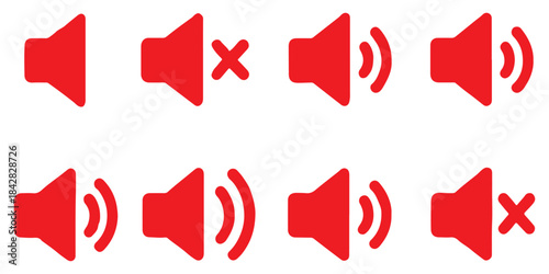 Volume Icon set. Loudspeaker Mute and unmute volume sound flat vector icons for video apps and websites. Speaker volume icon -audio voice sound symbol media music. Simple black line flat glyph vector.