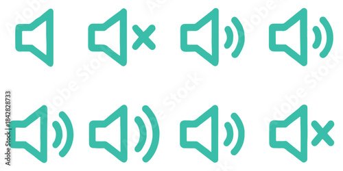 Sound volume icon set vector illustration. Audio speaker symbol collection for web design. UI UX interface button kit. Mute, unmute, loud and quiet signs. Flat simple graphic.