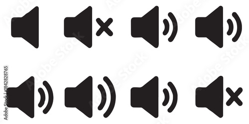 Sound volume icon set vector illustration. Audio speaker symbol collection for web design. UI UX interface button kit. Mute, unmute, loud and quiet signs. Flat simple graphic.