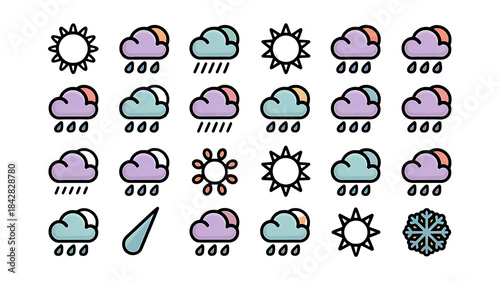 Weather Icons: A vibrant assortment of weather icons, depicting diverse conditions such as sunshine, rain, and clouds, ideal for weather forecasting, design projects and educational materials.