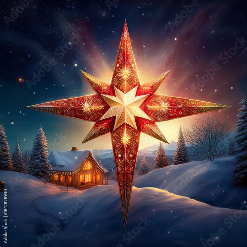 Bright Star Shines Over a Cozy Cabin in the Snow During Winter Season Evening