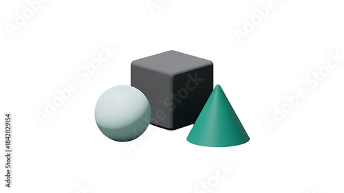 Geometric Harmony: A minimalistic composition featuring a sphere, cube, and cone, rendered in soft hues and simple forms, evoking a sense of balance and visual interest.