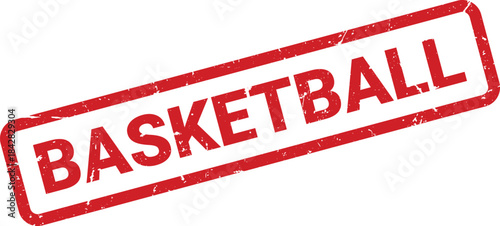 Distressed Red Basketball Rubber Stamp Impression on White Background, Angled Perspective View, Grunge Texture