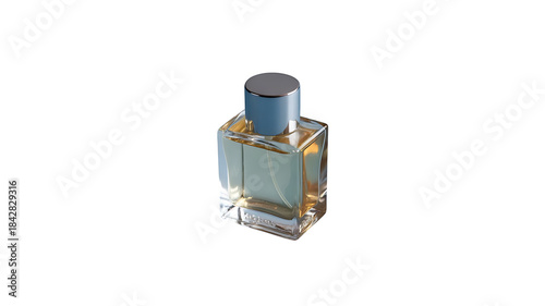 Aromatic Essence: A sleek, transparent bottle, filled with a delicate fragrance. The minimalist design evokes a sense of purity and luxury, embodying the essence of sophistication.