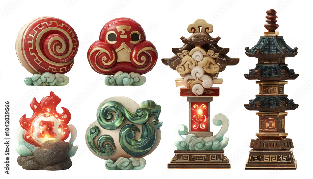 Fototapeta premium Glossy Chinese New Year Illustration with Chi Spiral Totems and Sculpted Designs
