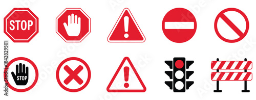 Set of red warning and prohibition signs, including stop, hand, danger, no entry, traffic light, and barrier icons, flat vector style for safety, traffic, construction, alert use, digital design,