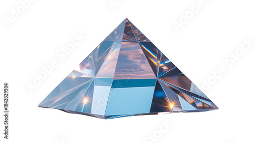 Crystal Pyramid of Light: A radiant, geometric crystal pyramid, reflecting a soft blue light and intricate inner facets. It is an emblem of sophistication and clarity.