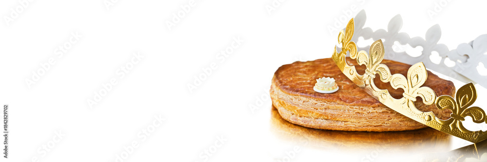 Fototapeta premium Galette des rois, french kingcake with a golden crown isolated on white or transparent panoramic background, Epiphany tradition header, png cut out