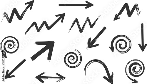 A collection of hand-drawn brush stroke arrows in various directions, isolated on a transparent background.