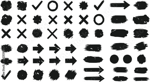 A set of grunge graphic elements including checkmarks, crosses, circles, and arrows, isolated on a transparent background.