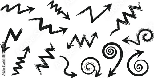 Collection of hand-drawn zigzag and spiral arrows pointing in different directions, isolated on transparent background.