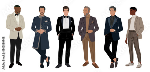 Flat vector of men in various formal and business outfits, standing in a row, clean minimalist style, isolated on transparent background, classic menswear