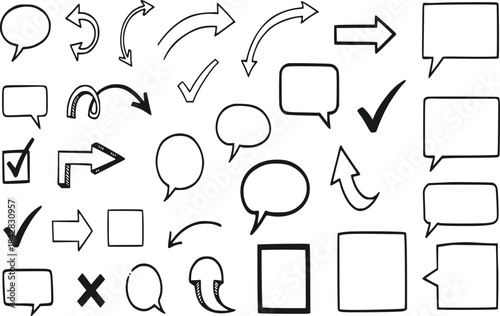 Hand-drawn doodle elements including arrows, speech bubbles, and check marks isolated on a transparent background.