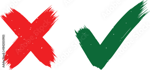 Red cross and green check mark symbols in a grunge style, isolated on transparent background.