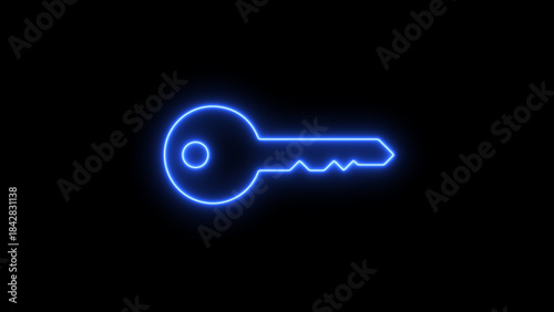 Blue Neon Key Outline on Black Background symbol