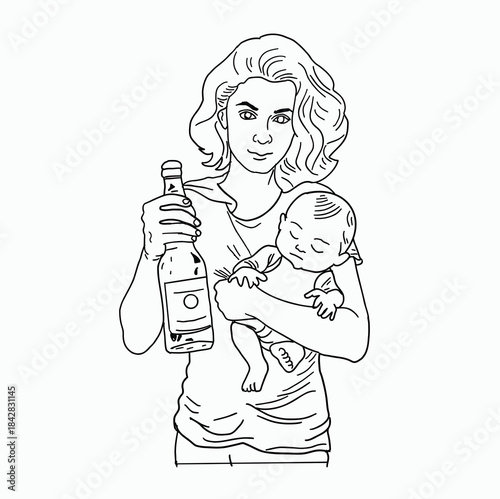 Vector Outline Drawing of a Tired Overwhelmed Young Mom Holding Her Infant Child and a Large Bottle of Alcohol – Social Issue Illustration About Motherhood Struggles Addiction and Unhealthy
