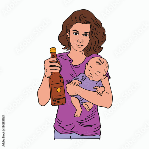 Satirical Vector Illustration of an Irresponsible Young Mother Holding a Sleeping Baby in One Arm and a Large Bottle of Beer in the Other – Dark Humor Social Commentary on Alcohol Abuse and Bad Parent