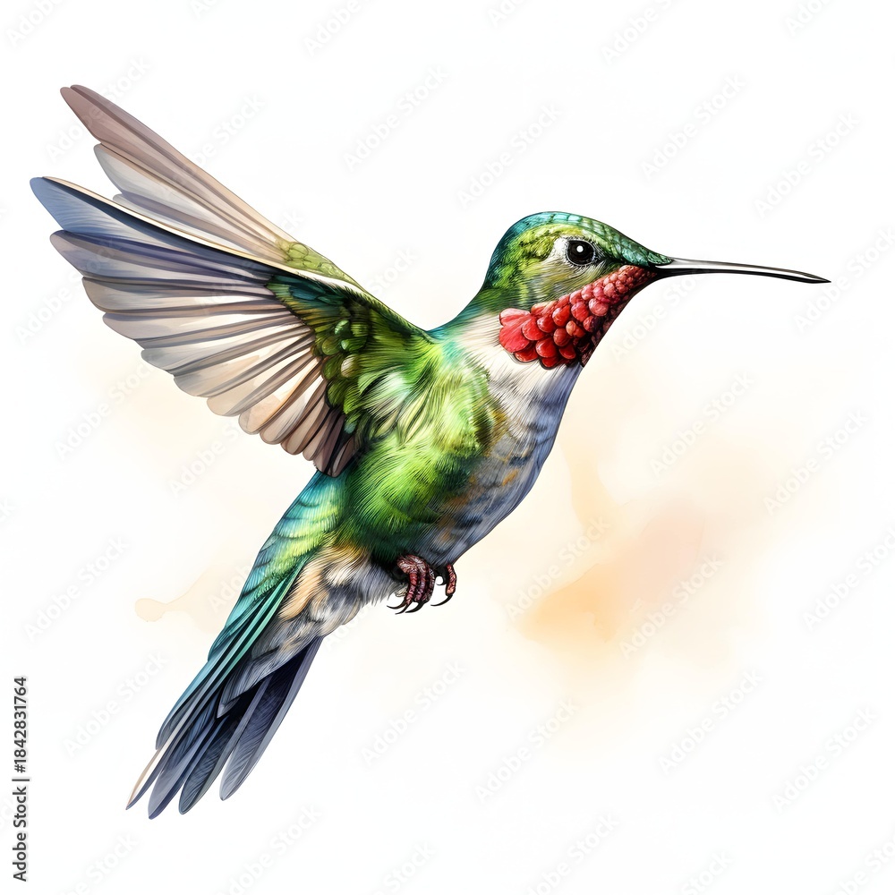 Fototapeta premium Watercolor painting of a ruby throated hummingbird in mid flight