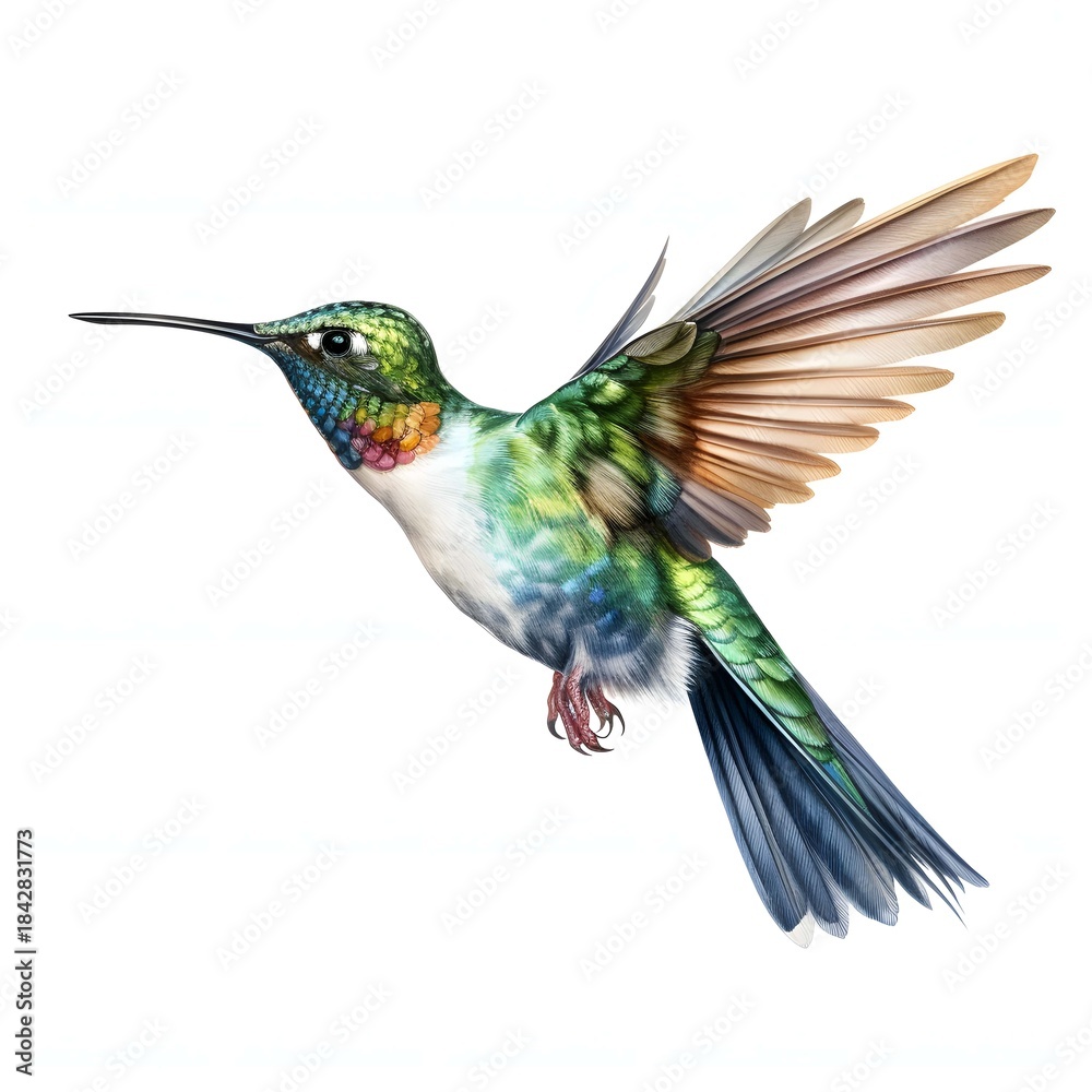 Fototapeta premium Vibrant rufous hummingbird hovers with detailed wings in a watercolor illustration