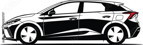 Modern electric vehicle or battery-powered hatchback car vector illustration in detailed black and white graphic style showing side profile for mobility concept.