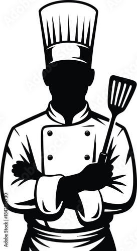 Chef with Spatula Silhouette, Cook in Toque and Uniform, Restaurant Chef Holding Kitchen Utensil, Black and White Chef Icon, silhouette, illustration, vector