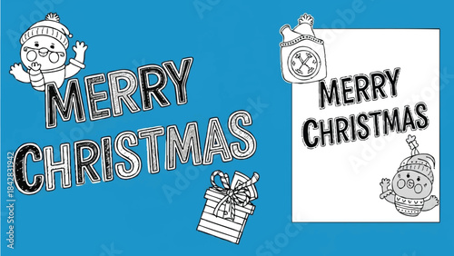 A festive illustration of a cheerful snowman waving with Merry Christmas text and gifts on blue background