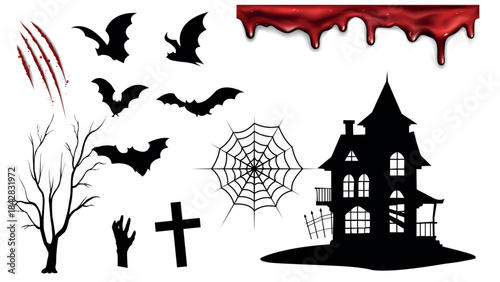 Spooky Halloween icons set featuring ghosts bats and white background