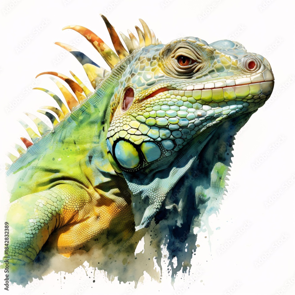 Fototapeta premium Watercolor illustration of a green iguana with orange and yellow spines