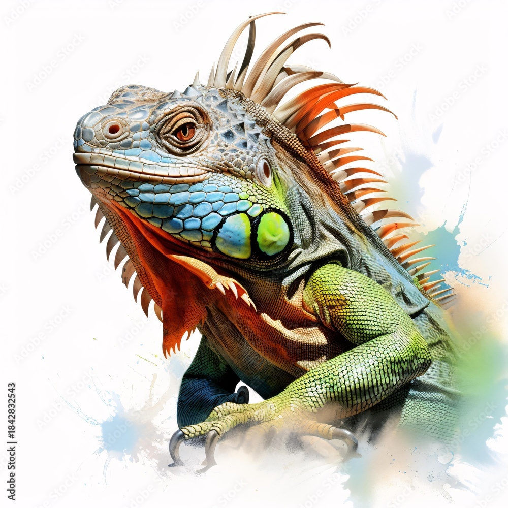 Fototapeta premium Detailed artistic illustration of a colorful iguana on a white background